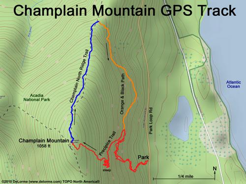 GPS track to Mount Champlain at Acadia National Park in coastal Maine