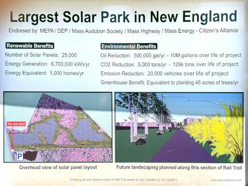 solar park sign in June beside the Ghost Trail near the Clipper City Trail at Newburyport in northeast Massachusetts