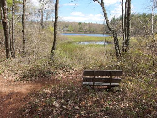 bench and view of Contoocook Lake in May at Contoocook Marsh near Rindge in southern New Hampshire