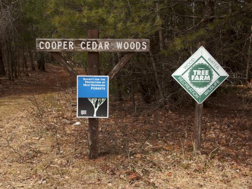 entrance to Cooper Cedar Woods near New Durham in southern New Hampshire