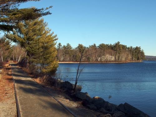 a causeway in November across Lake Wentworth for Cotton Valley Rail Trail near Wolfeboro in New Hampshire