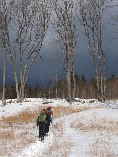 Gordon, Dick, Karen and Fran hike in December toward Cragged Mountain in eastern NH