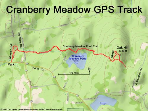 GPS track to Cranberry Meadow Pond and Oak Hill near Peterborough in southern New Hampshire