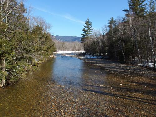 view of the Saco River from the foot bridge on the trail to Mount Crawford in New Hampshire