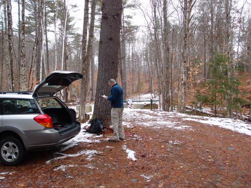 hikers at the parking lot for Mount Crosby in New Hampshire