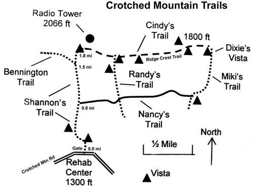 hiking trail map for Crotched Mountain in New Hampshire