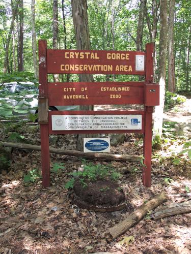 entrance sign to Crystal Gorge at Crystal Conservation Areas in northeastern Massachusetts