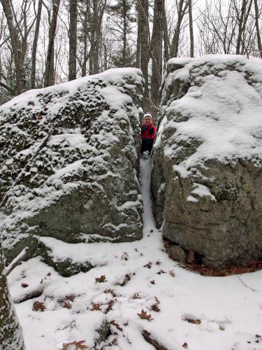 split rock in January at Danville Town Forest in southern New Hampshire
