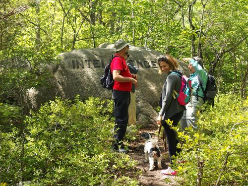 visitors at an inscribed boulder at Dogtown in northeastern Massachusetts