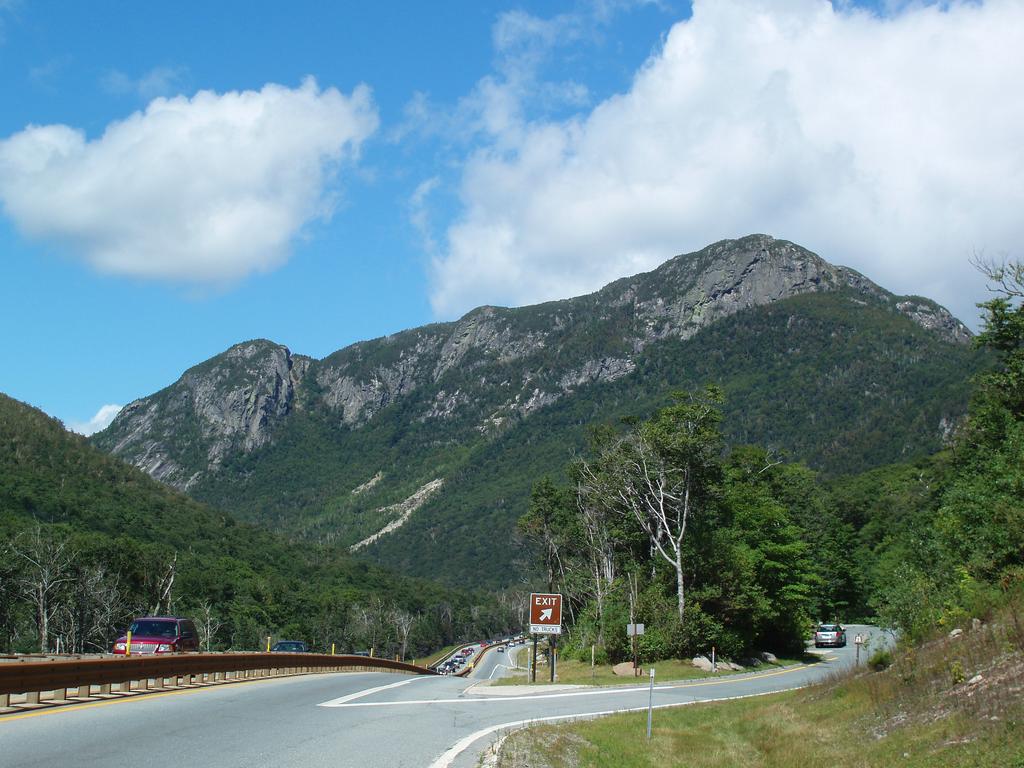 view of Eagle Cliff from Route 93 going north through Franconia Notch in New Hampshire