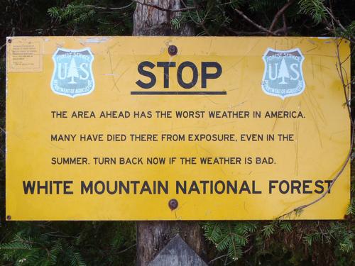 weather warning sign in New Hampshire's White Mountains