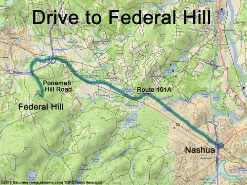 drive route to Federal Hill parking spot in southern Maine
