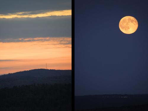 sunset and moonrise as seen from Federal Hill in New Hampshire