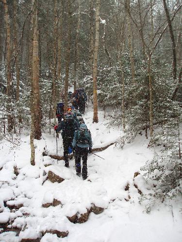 winter hikers on the trail to Mount Field in New Hampshire