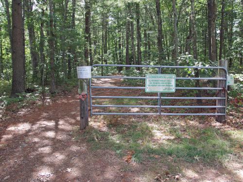 trail entrance gate at Flints Brook Trail near Hollis in southern New Hampshire