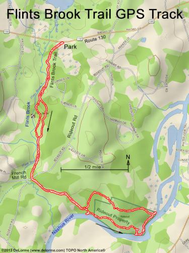 GPS track at Flints Brook Trail near Hollis in southern New Hampshire