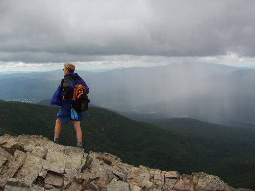 rain approaches from across Franconia Notch as Tom stands atop Mount Flume in the White Mountains of New Hampshire.
rainy weather on Mount Flume in New Hampshire
