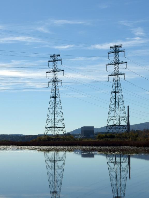 electrical towers as seen from the Fort Hill Rail Trail in southwestern New Hampshire