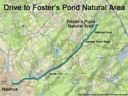 drive route from Nashua, NH, to Foster's Pond at Windham, NH, in southern New Hampshire