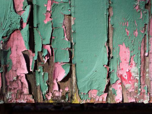 historic railroad car's peeling paint at the Sandown Depot on the Fremont Rail Trail in southern New Hampshire