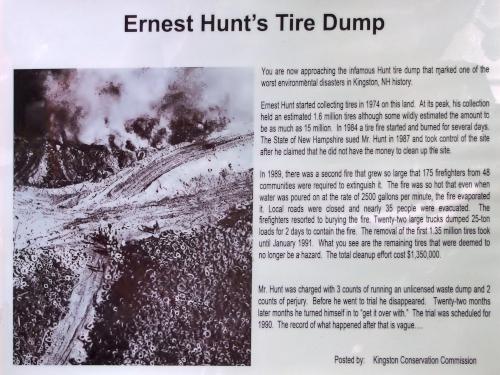 tire-fire plaque beside the trail at Frye Town Forest in Kingston, New Hampshire