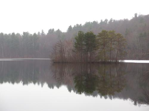 view on a drizzly day in January of Gates Pond in eastern Massachusetts