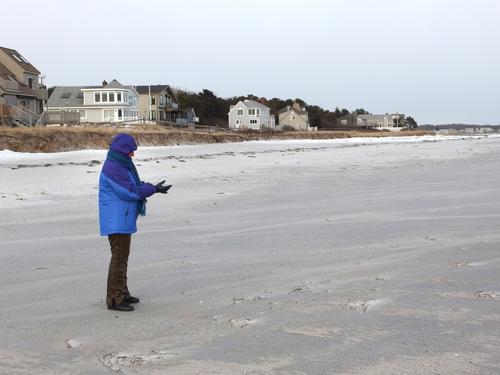 Betty Lou dresses up on a cold winter day at Goose Rocks Beach near Kennebunkport in southern Maine