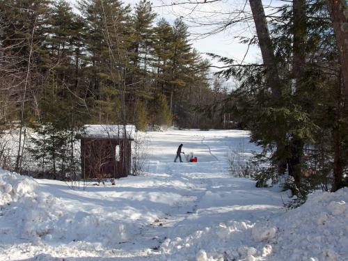 pond in February being snowblown for skating at Great Gains Memorial Forest near Franklin, New Hampshire