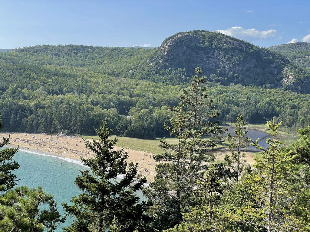 Sand Beach and The Beehive in August as seen from Great Head at Acadia National Park in Maine