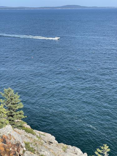boat in August as seen from Great Head at Acadia National Park in Maine