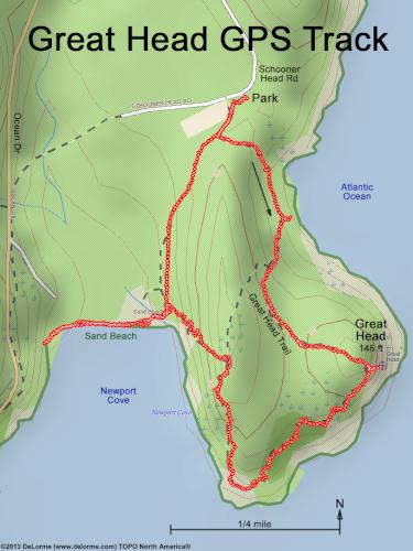 GPS track in August on Great Head at Acadia National Park in Maine