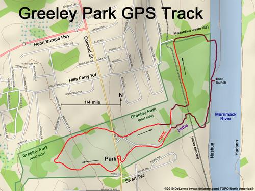 GPS track around Greeley Park at Nashua in New Hampshire