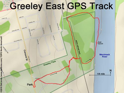 GPS track around the East section of Greeley Park at Nashua in New Hampshire