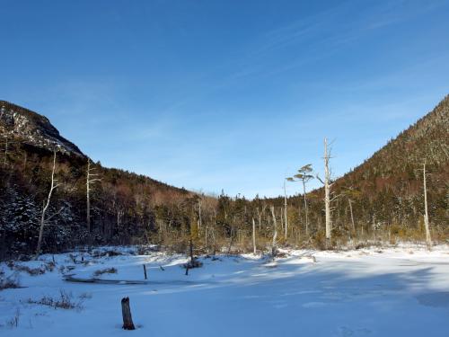 Mad River Notch in December as seen from Upper Greeley Pond near Lincoln in central New Hampshire