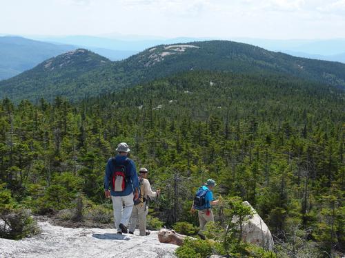view of Welch and Dickey mountains on the bushwhack down from Green Mountain near Waterville Valley in New Hampshire