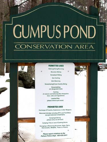 Entrance sign to Gumpus Pond Conservation Area in southern New Hampshire