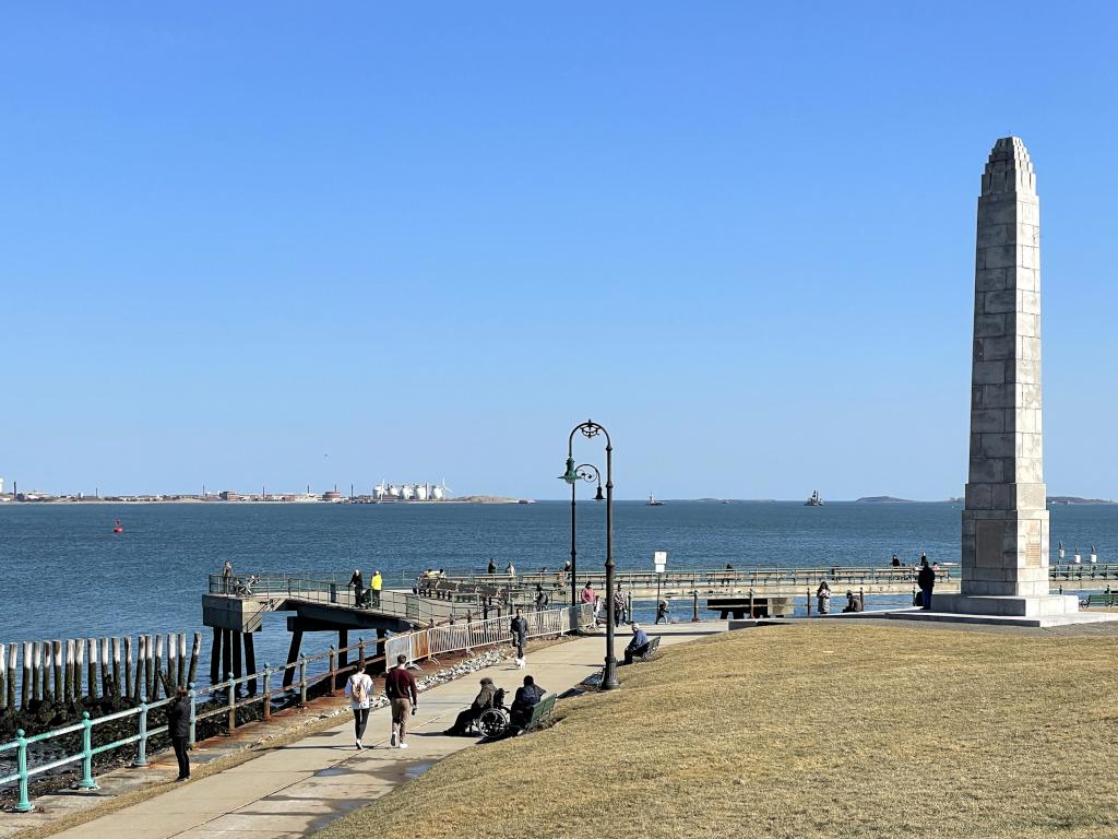 view in February of the channel to the Atlantic Ocean and Deer Island from Boston Harborwalk in Massachusetts