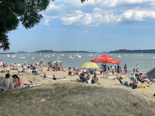 beachgoers in June on a sunny Sunday afternoon beside Boston Harborwalk in Massachusetts