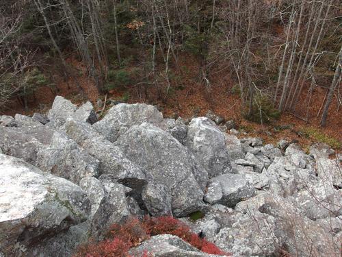 view from the top of an impressive rock pile beside the trail to Hedgehog Mountain at Deering in southern New Hampshire