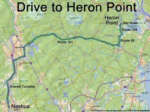 drive route to Heron Point Sanctuary parking lot in southeastern New Hampshire