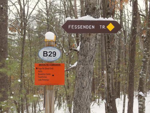 multi-use trail signs in February at Hobart-Fessenden Woods in Brookline, New Hampshire