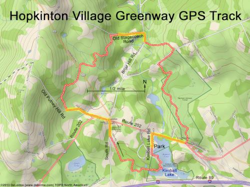 GPS track in March at Hopkinton Village Greenway near Hopkinton in southern New Hampshire
