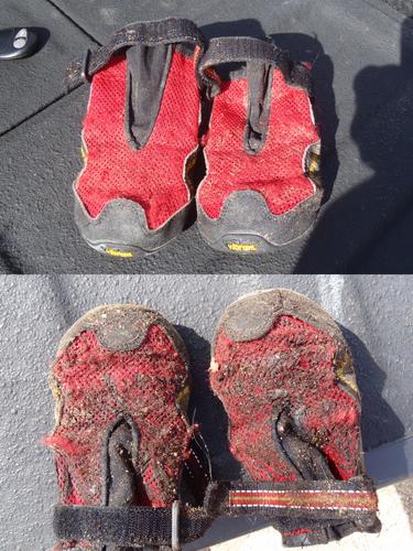 dogie boots before and after a bushwhack to Unknown Pond Peak in New Hampshire