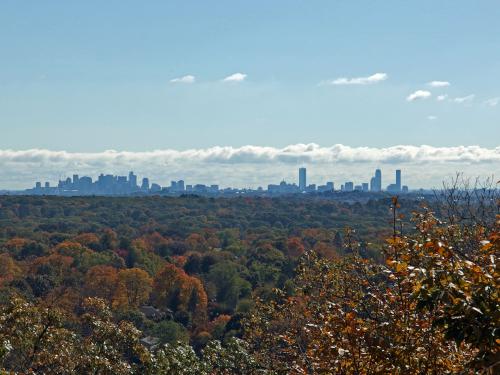 view of the Boston skyline from the trail to Horn Pond Mountain near Woburn in eastern Massachusetts