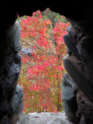 view of fall foliage from a window in the stone tower atop Hubbard Park at Montpelier in Vermont