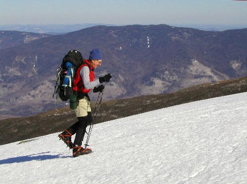 Larry heads up the snowfield in March toward Mount Clay in the White Mountains of New Hampshire