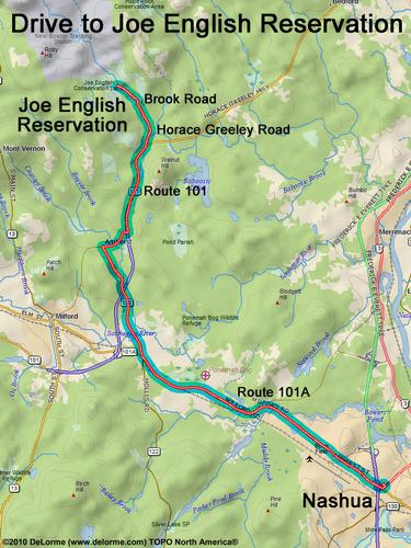 drive route to Joe English Reservation trailhead in southern New Hampshire