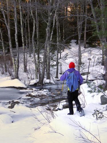 winter hiker by stream in Joe English Reservation in New Hampshire