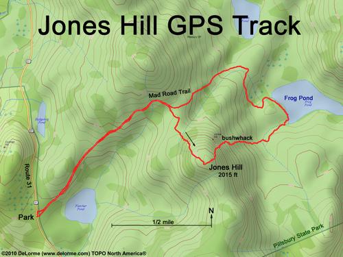 GPS track to Jones Hill at Pillsbury State Park in New Hampshire