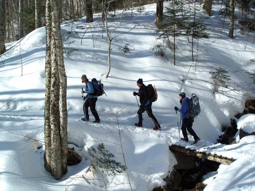 winter hikers on Lonesome Lake Trail in New Hampshire
